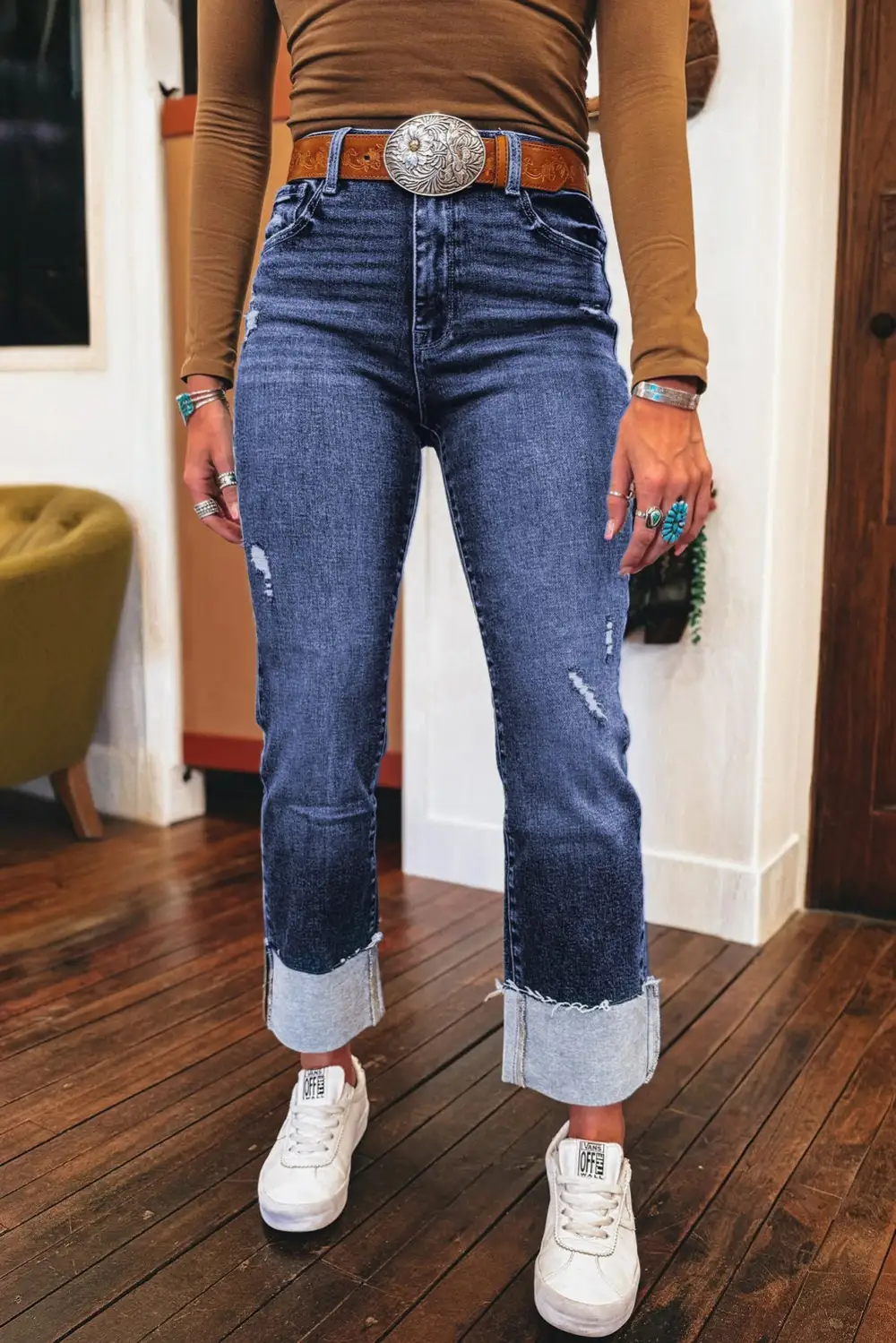 High Waist Distressed Real Folded Cuffs Jeans