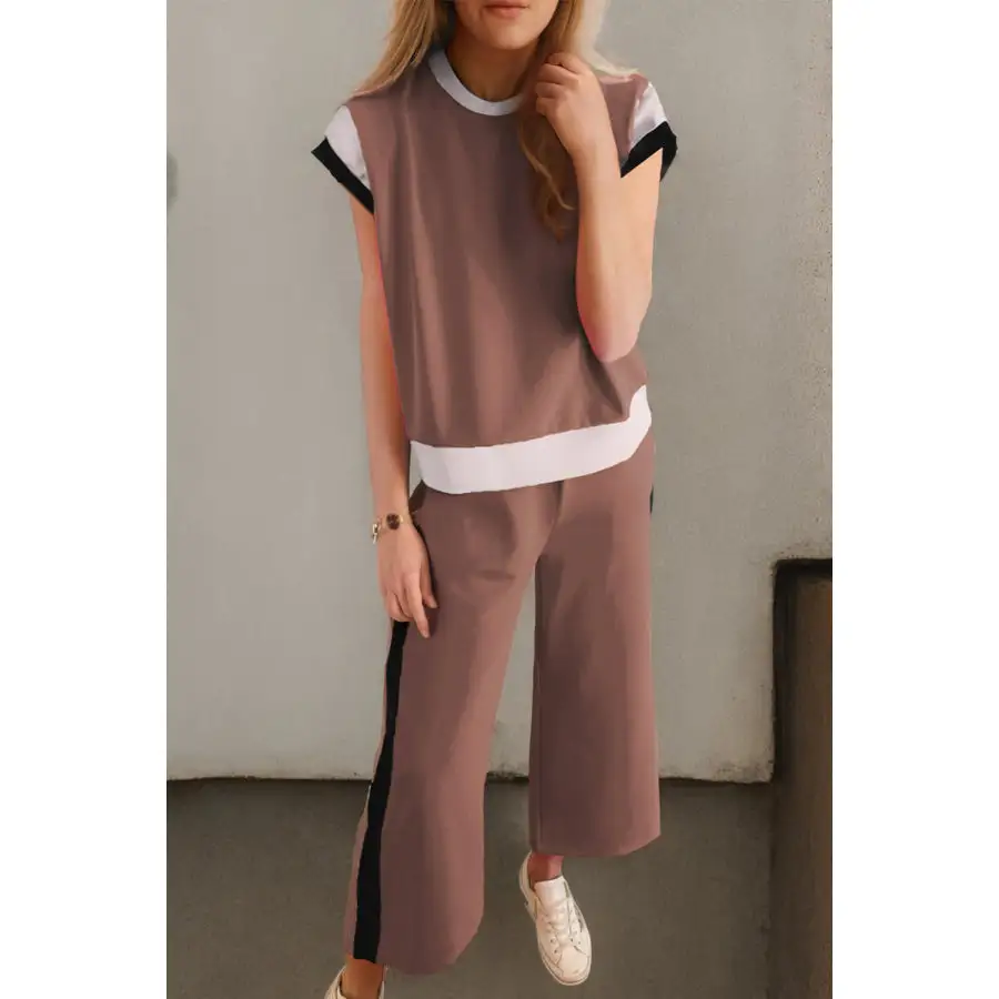 Contrast Round Neck Top and Pants Set