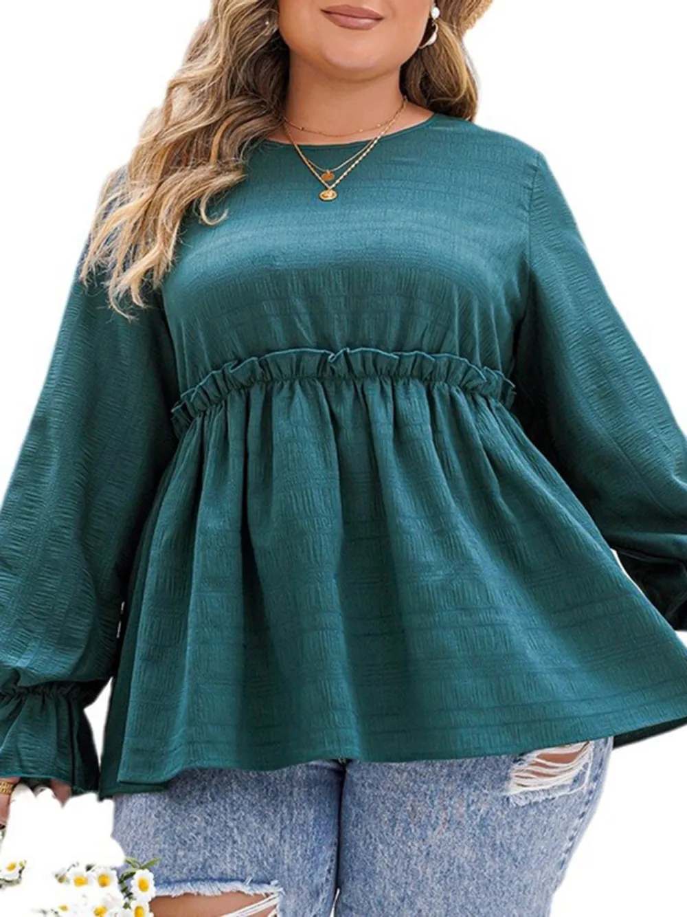 Women Waist Hugging Puff Sleeves V Neck Long Sleeved Shirt Top