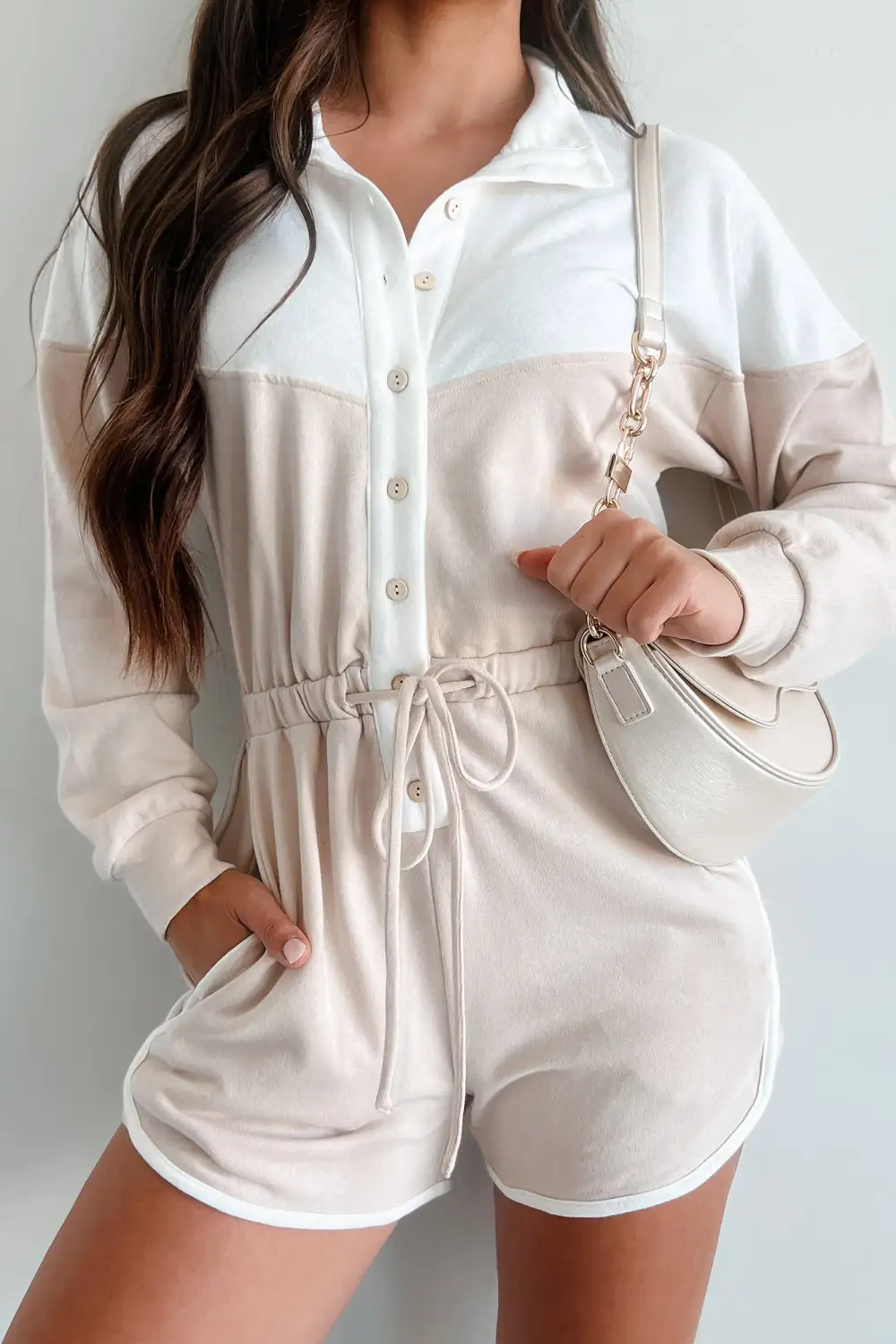 Button-Front Long Sleeve Romper