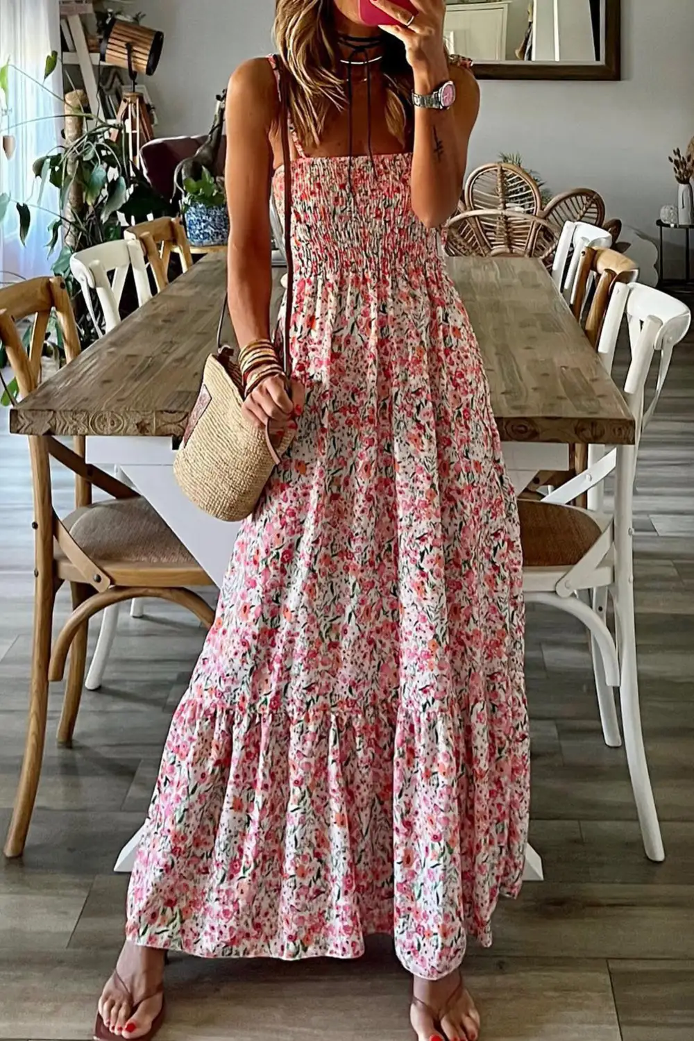 Spaghetti Straps Floral Ruffled Maxi Dress