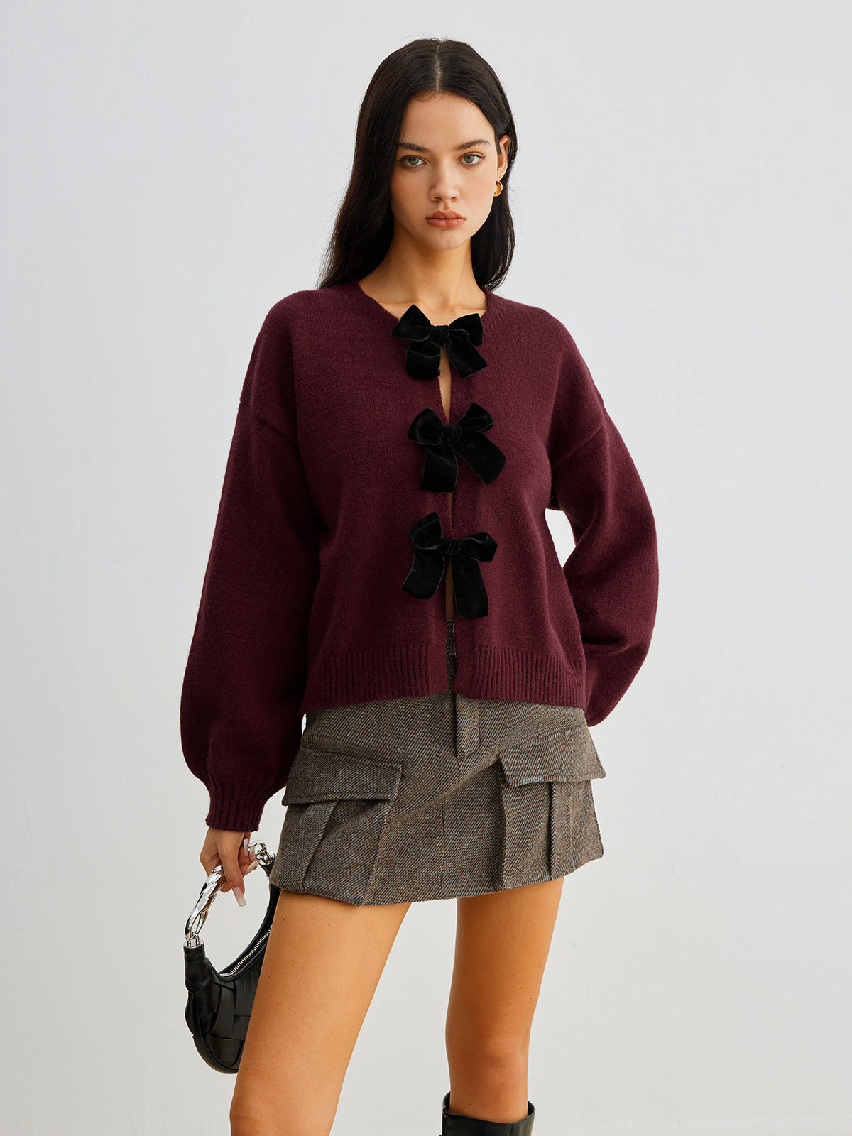 Velvet-Bow Lantern Sleeve Sweater