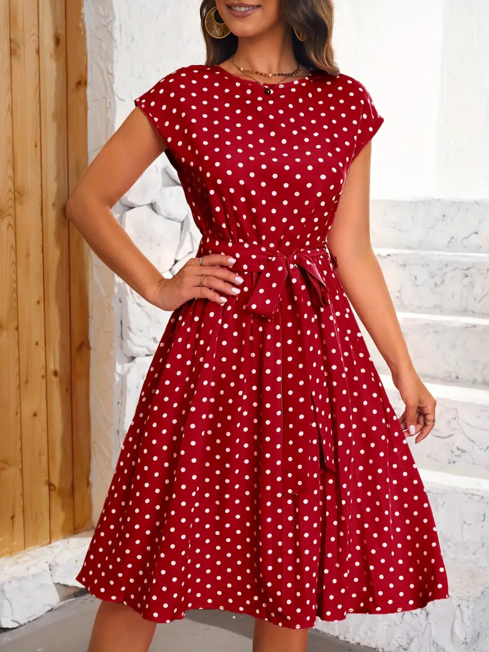 Polka Dot Pleated Dress: Spring Style (Casual, Short Sleeves)