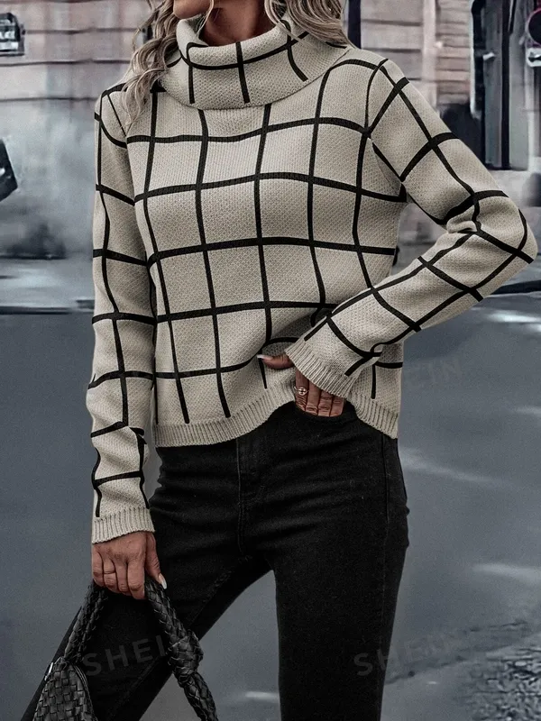 Women's Plaid High-Neck Long-Sleeve Knit Sweater