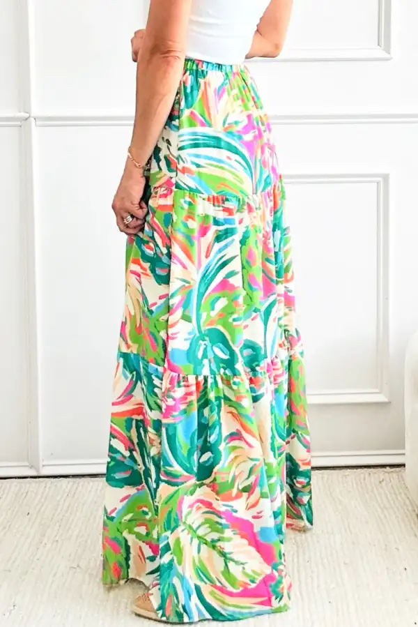 High Waist Elastic Waist Tiered Maxi Skirt