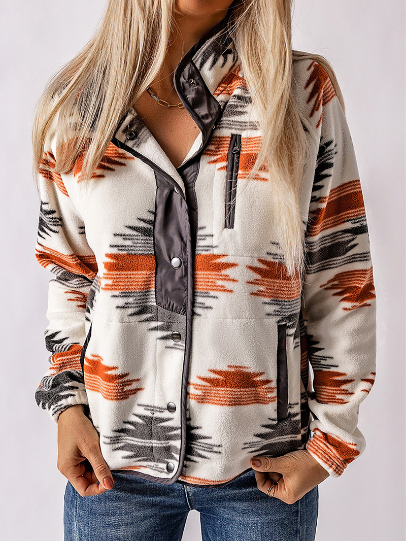 Gray Western Aztec Snap Buttoned Fleece Jacket