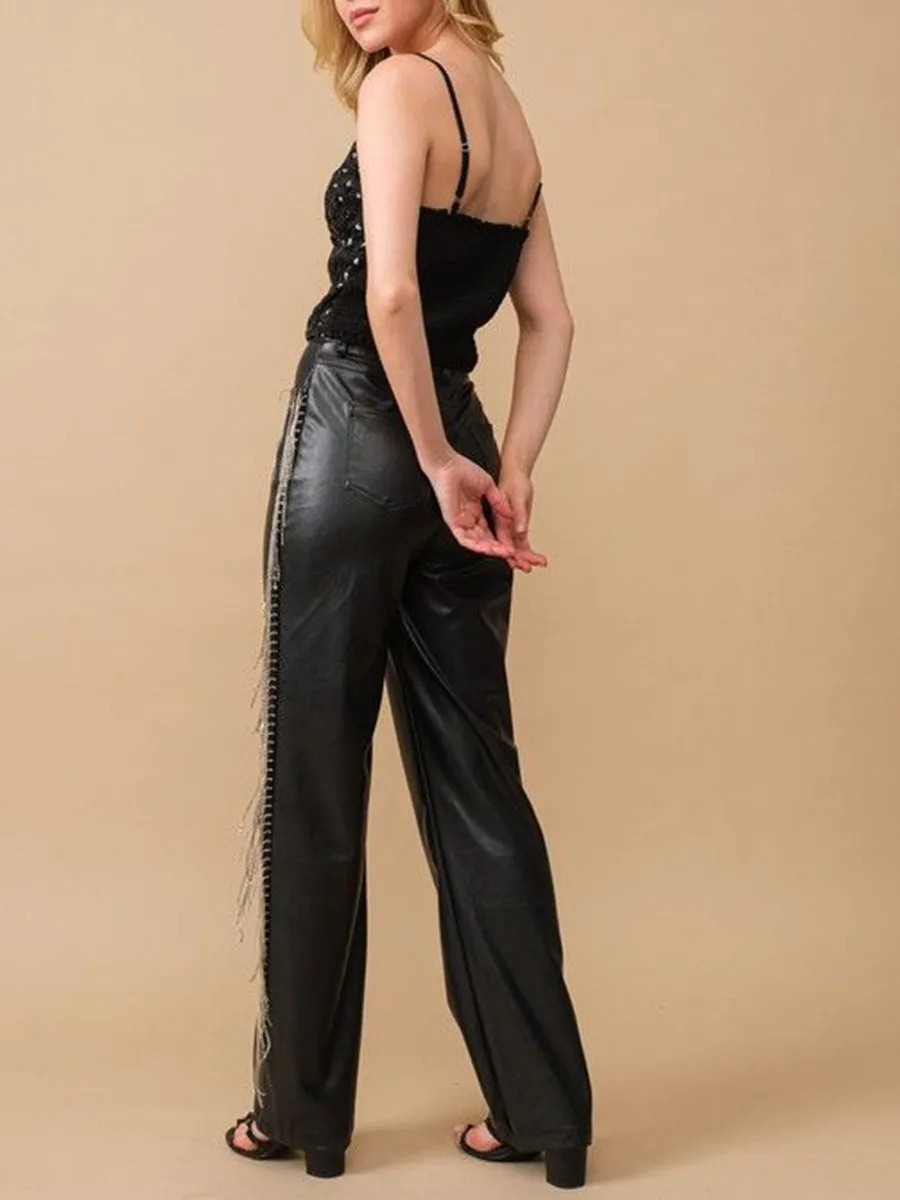 Rhinestone Fringe Leather Pants