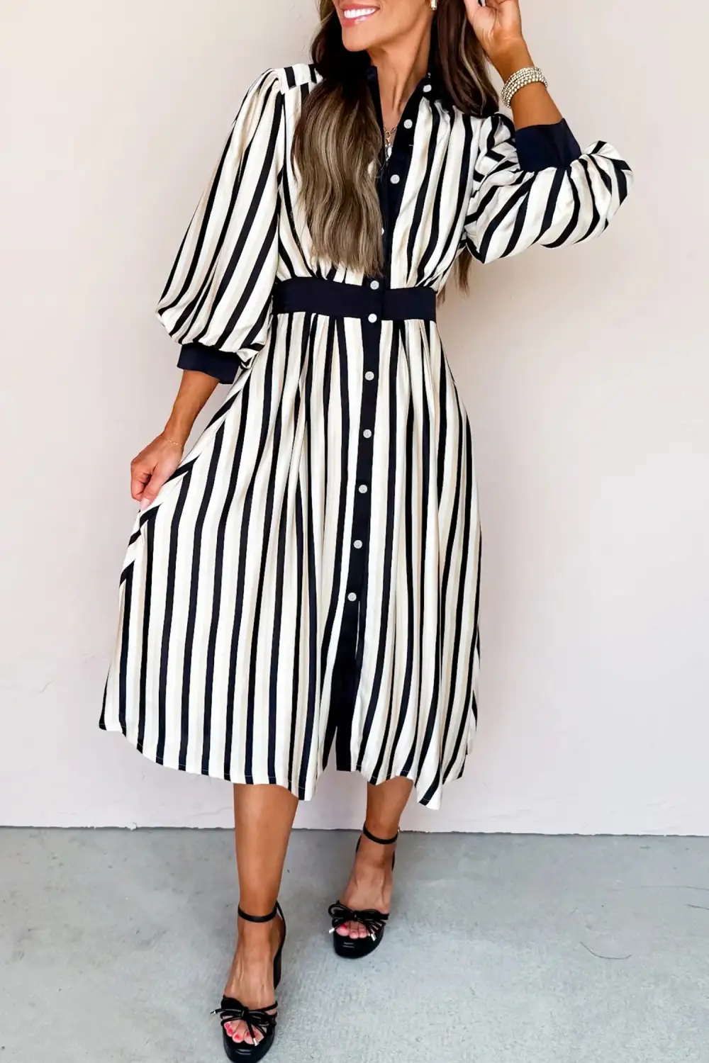 Stripe Puff Sleeve Button Front Midi Dress