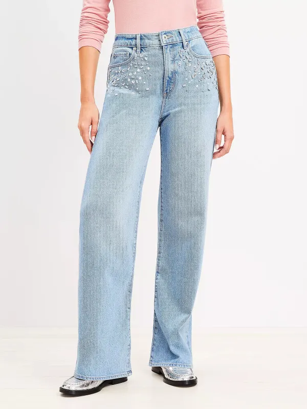 Sparkle High Rise Wide Leg Jeans In Light Wash Indigo