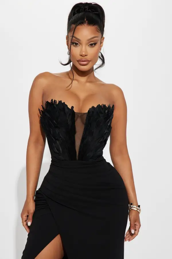 Savina Feather Maxi Dress - Black