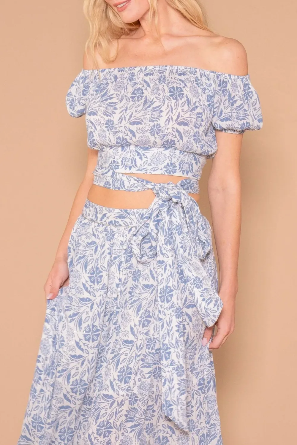 Light Blue and White Print Off Shoulder Crop Top