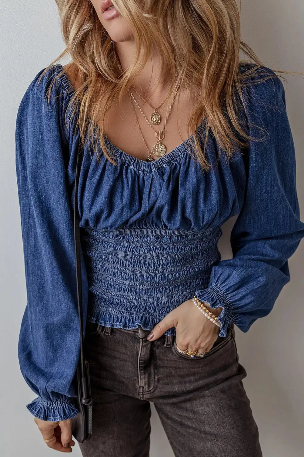 Ruffled Smocked V-Neck Blouse
