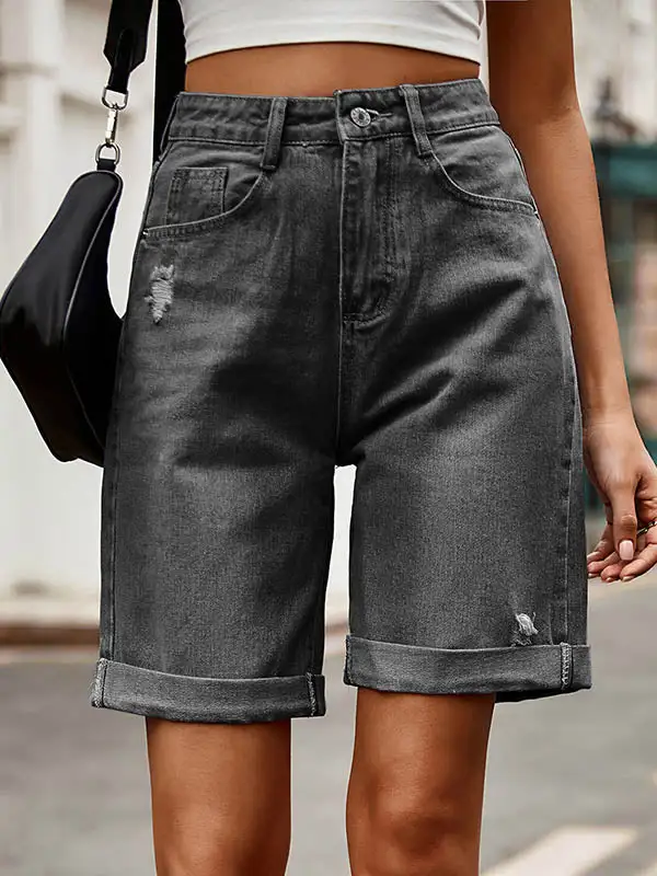 Hoog Getailleerde Losse Zakken Met Knopen Jeansbroeken Shorts