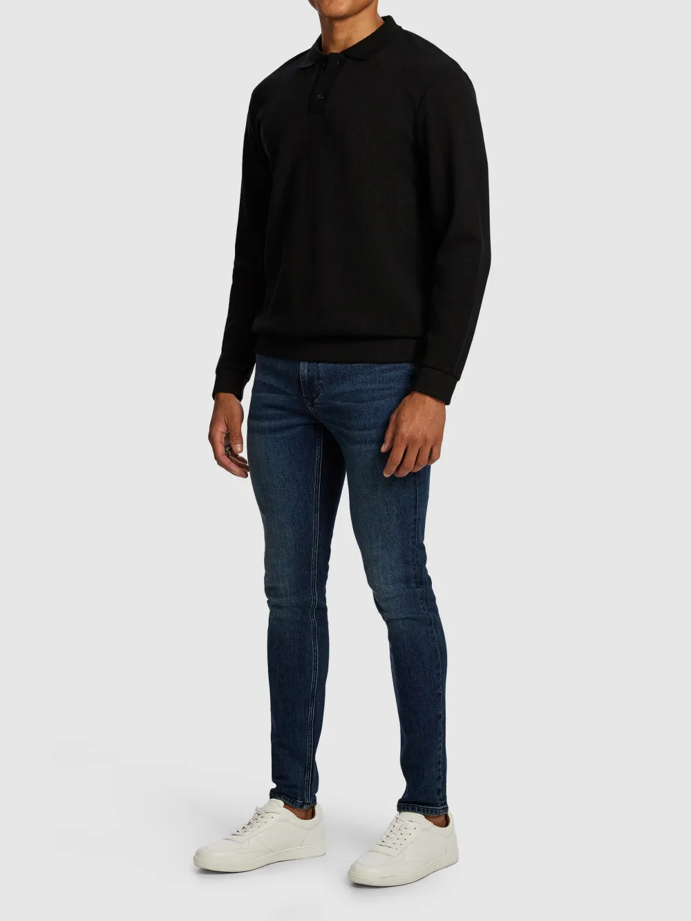Black Long Sleeve Knit Polo Shirt