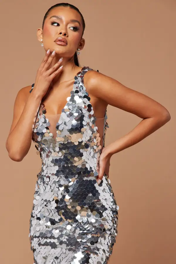 See Me Shining Sequin Midi Dress - Silver