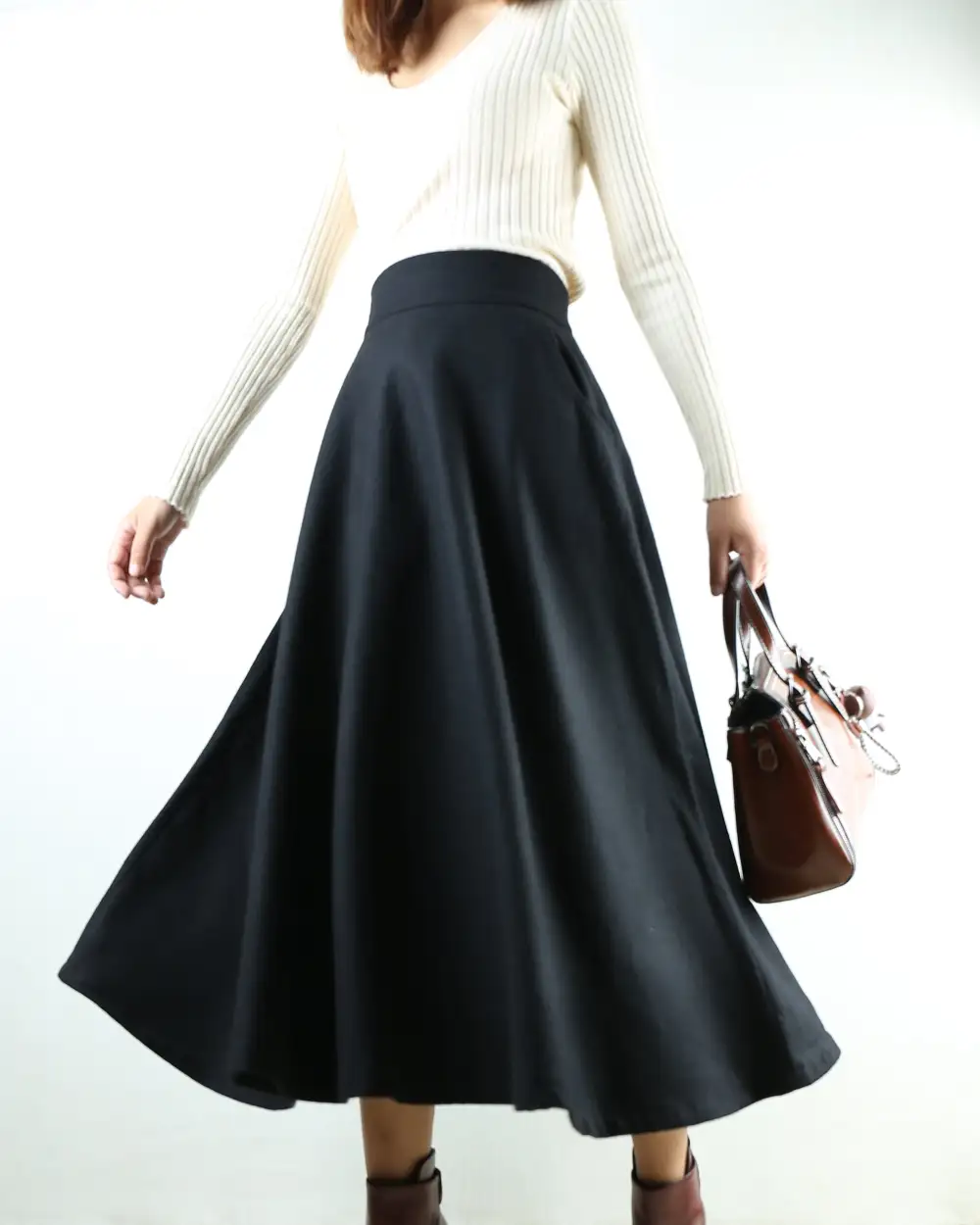 Airy Pocketed Wool Flared Maxi Skirt
