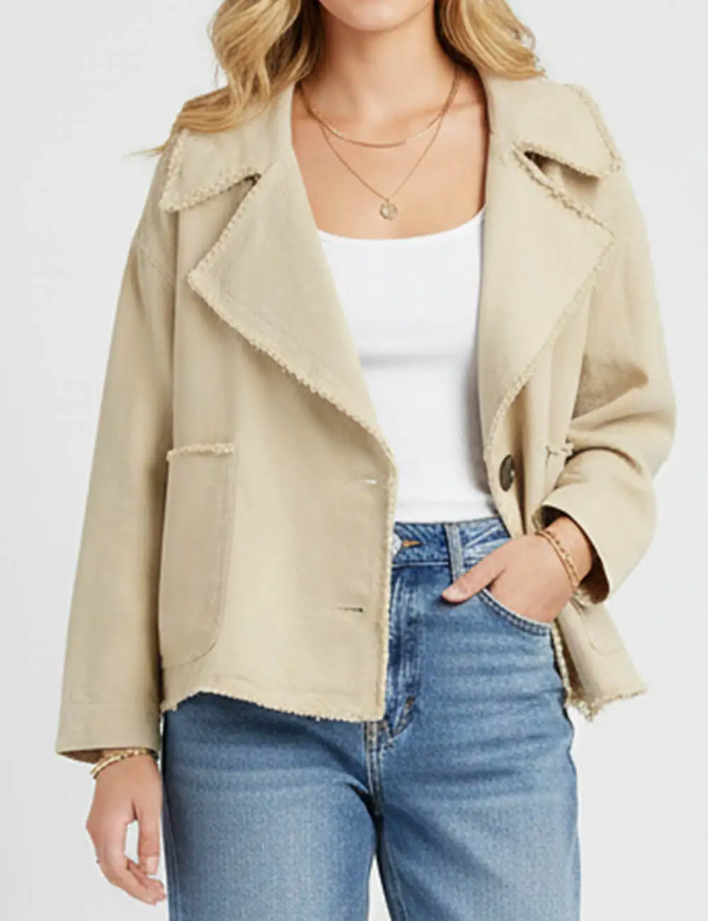 Chic Wide Lapel Frayed Edge Long Sleeve Jacket
