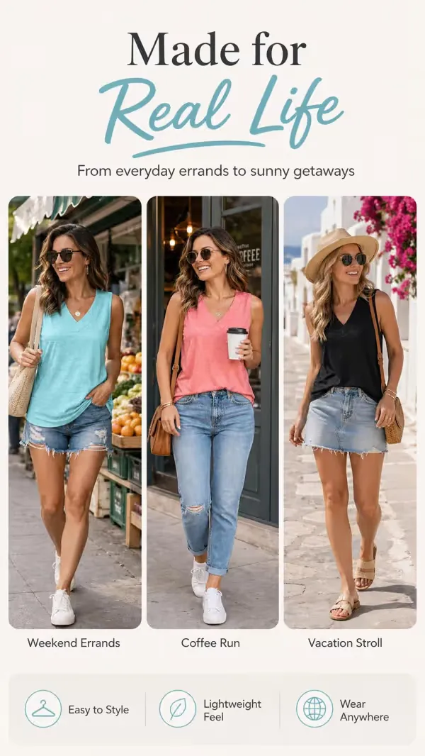 Women Summer Sleeveless V Neck Tank Top, Slimming Loose Fit Casual Tee for Daily
