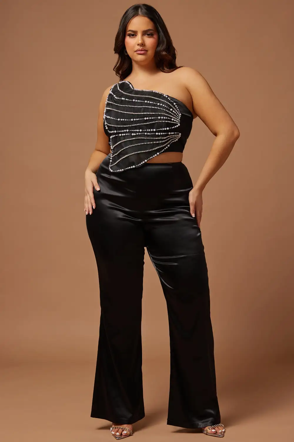 Rhinestone Butterfly Satin Pant Set - Black