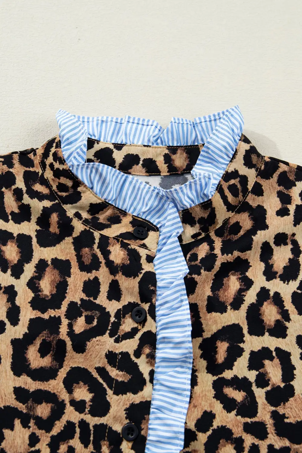 Striped Leopard Print Frilled Shirt Blouse