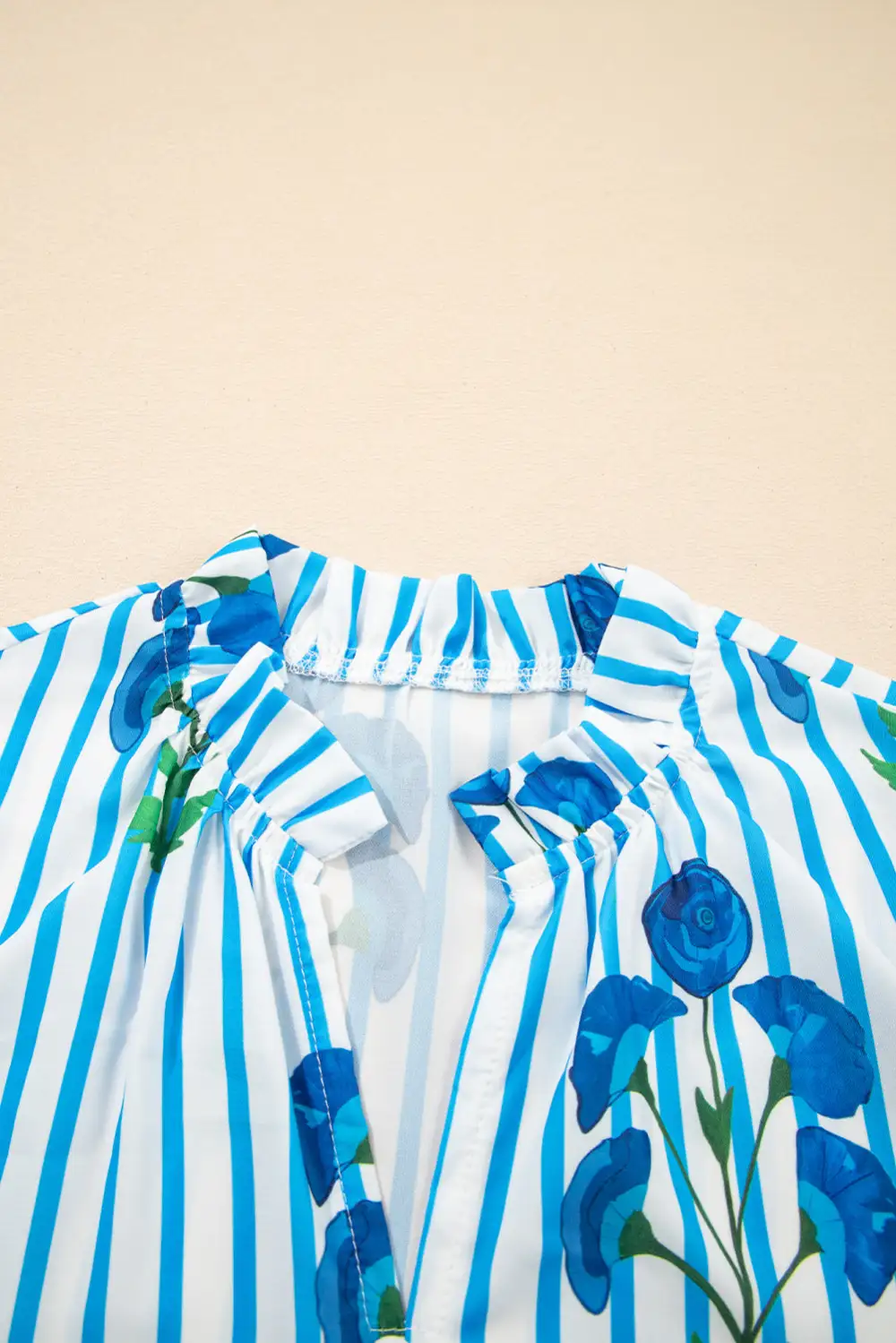 Sky Blue Stripe Floral Buttoned Frilly Notched Neck Puff Sleeve Summer Blouse