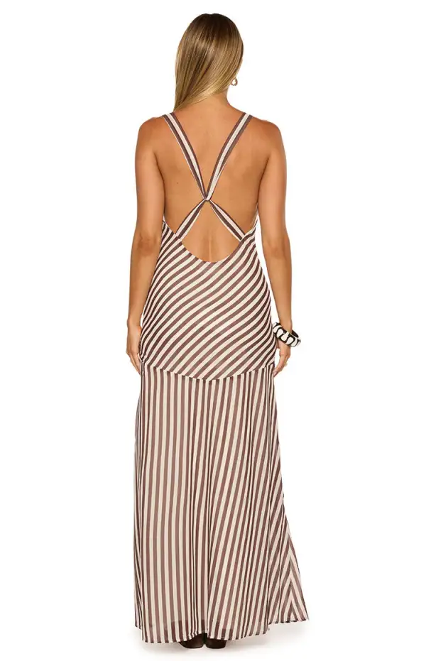 Stripe V Neck Backless Maxi Dress