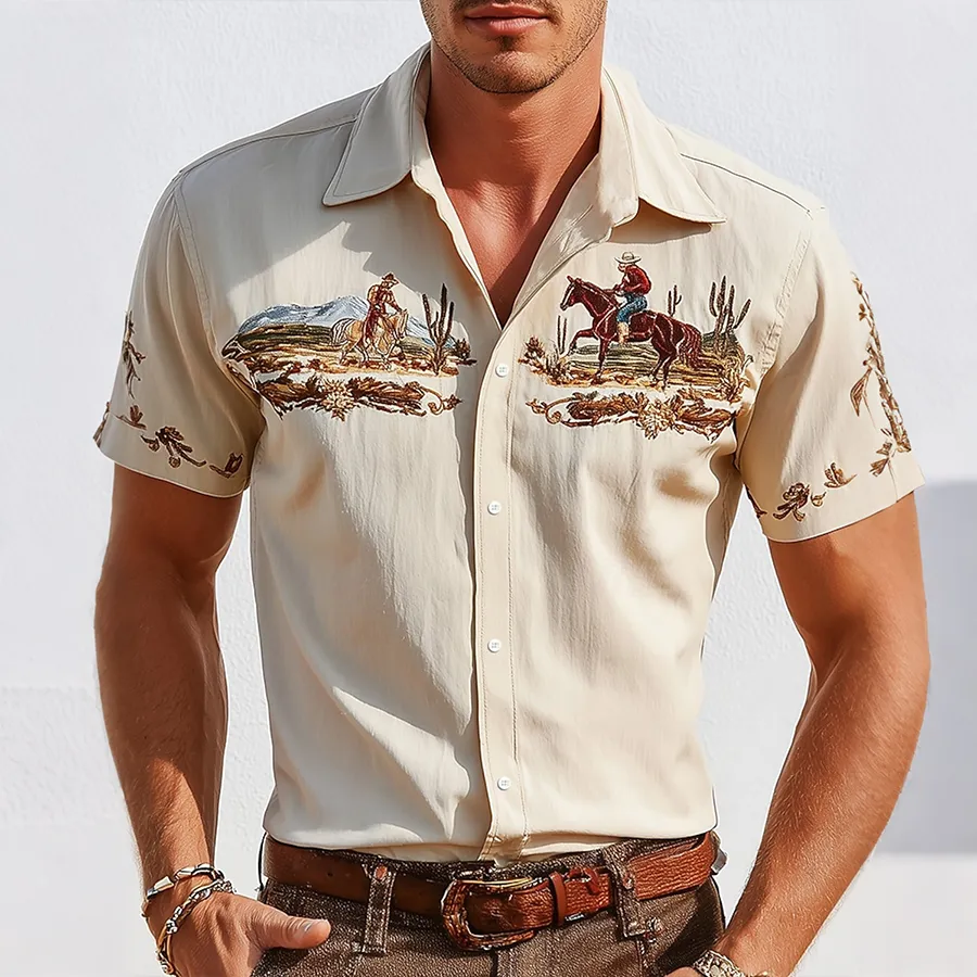Men's Western Cowboy Horse Embroidered Short Sleeve Shirt