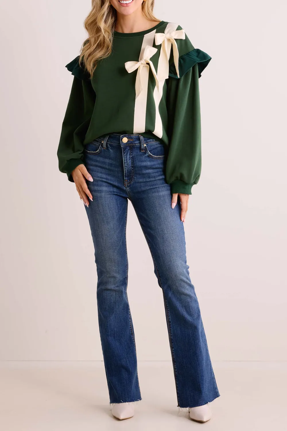 Green Ruffled Sleeve Bow-Accent Sweater