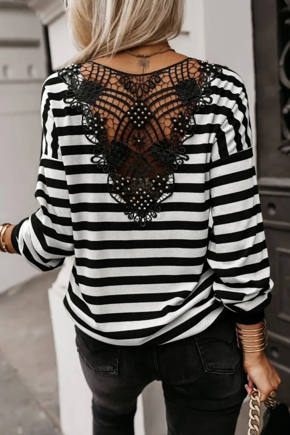 Black Stripe Crochet Hollow-Out Back Buttoned Shoulder V Neck Top