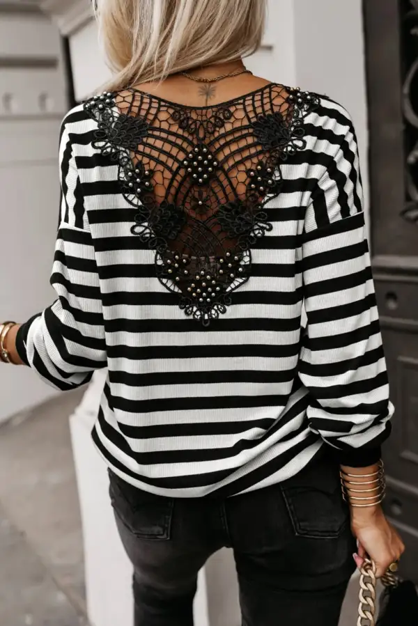 Black Stripe Crochet Hollow-Out Back Buttoned Shoulder V Neck Top