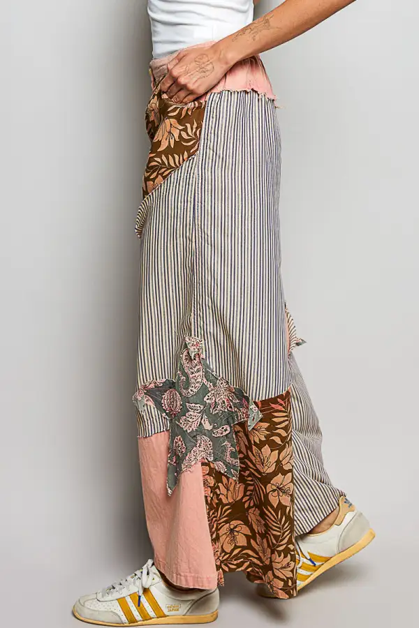 Striped Floral Patchwork Wide Leg Pants With Side Big Star Patch