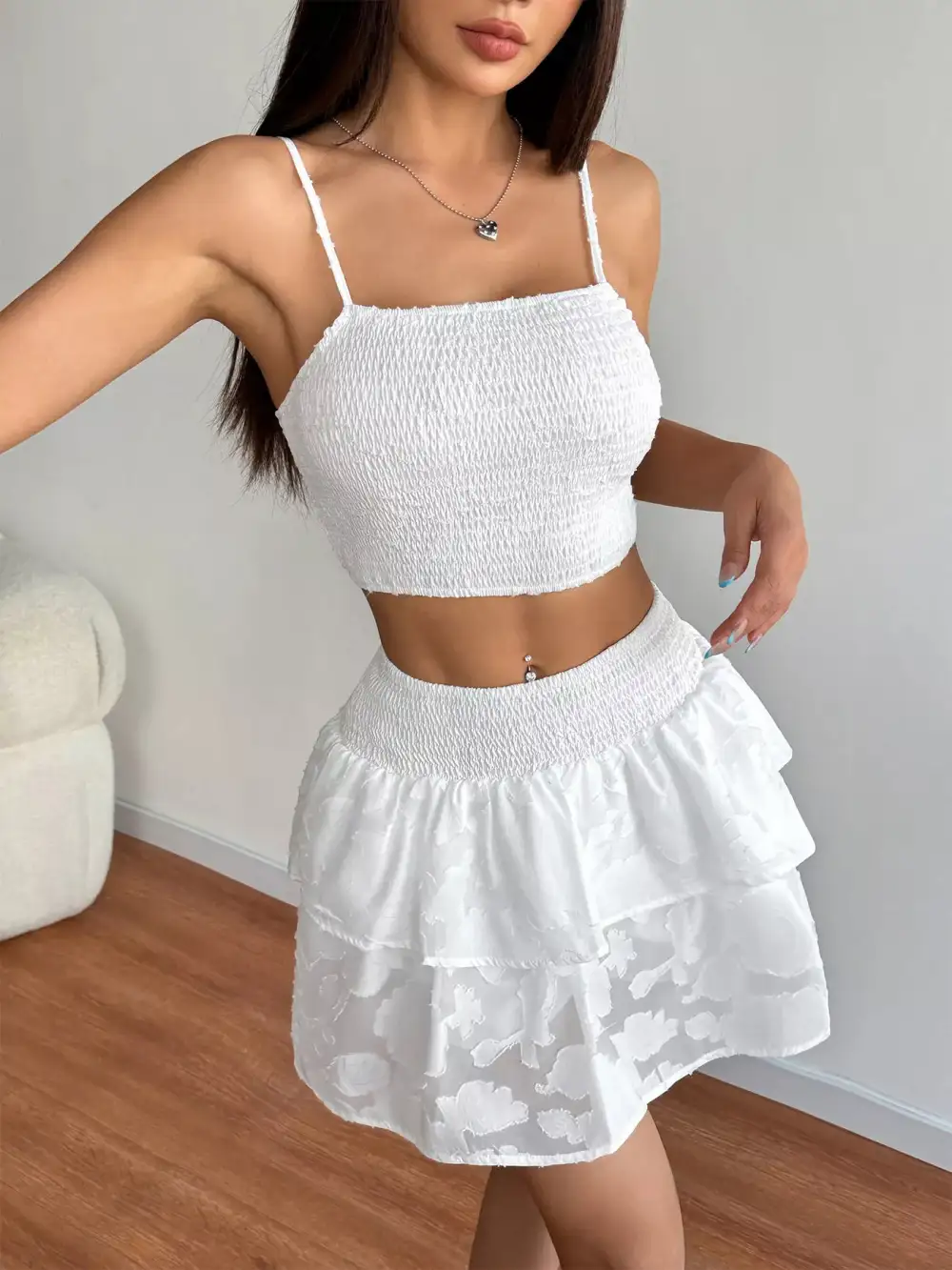 Draped Cropped Smocked Detail Coordinated Set