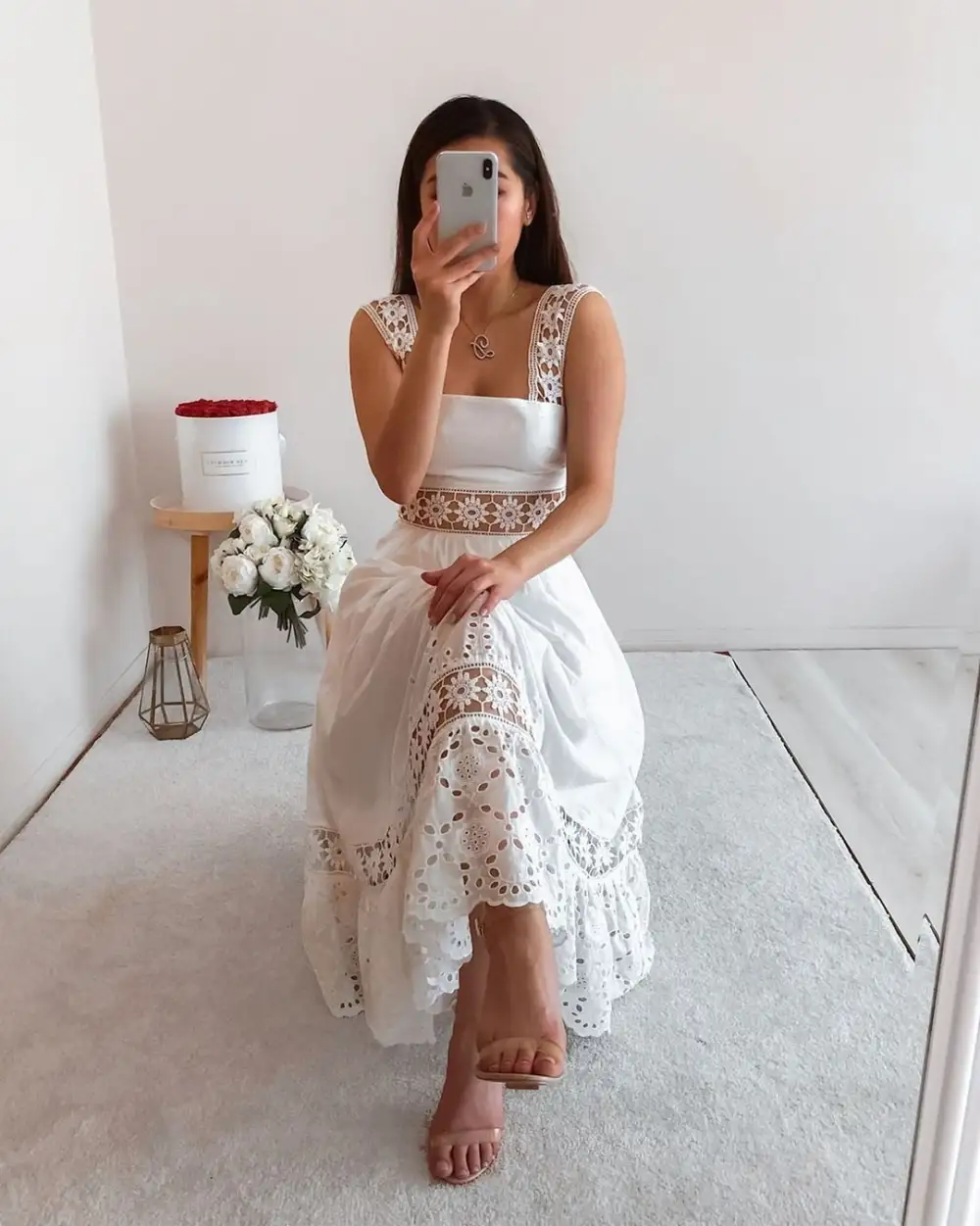 Elegant Flower Embroidered White Boho Dress