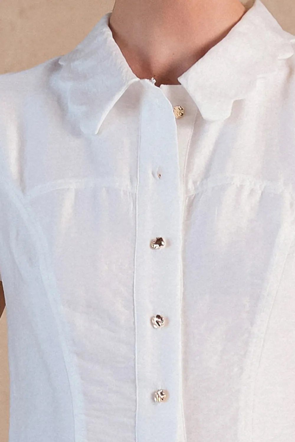 Button Collar Cap Sleeve Shirt