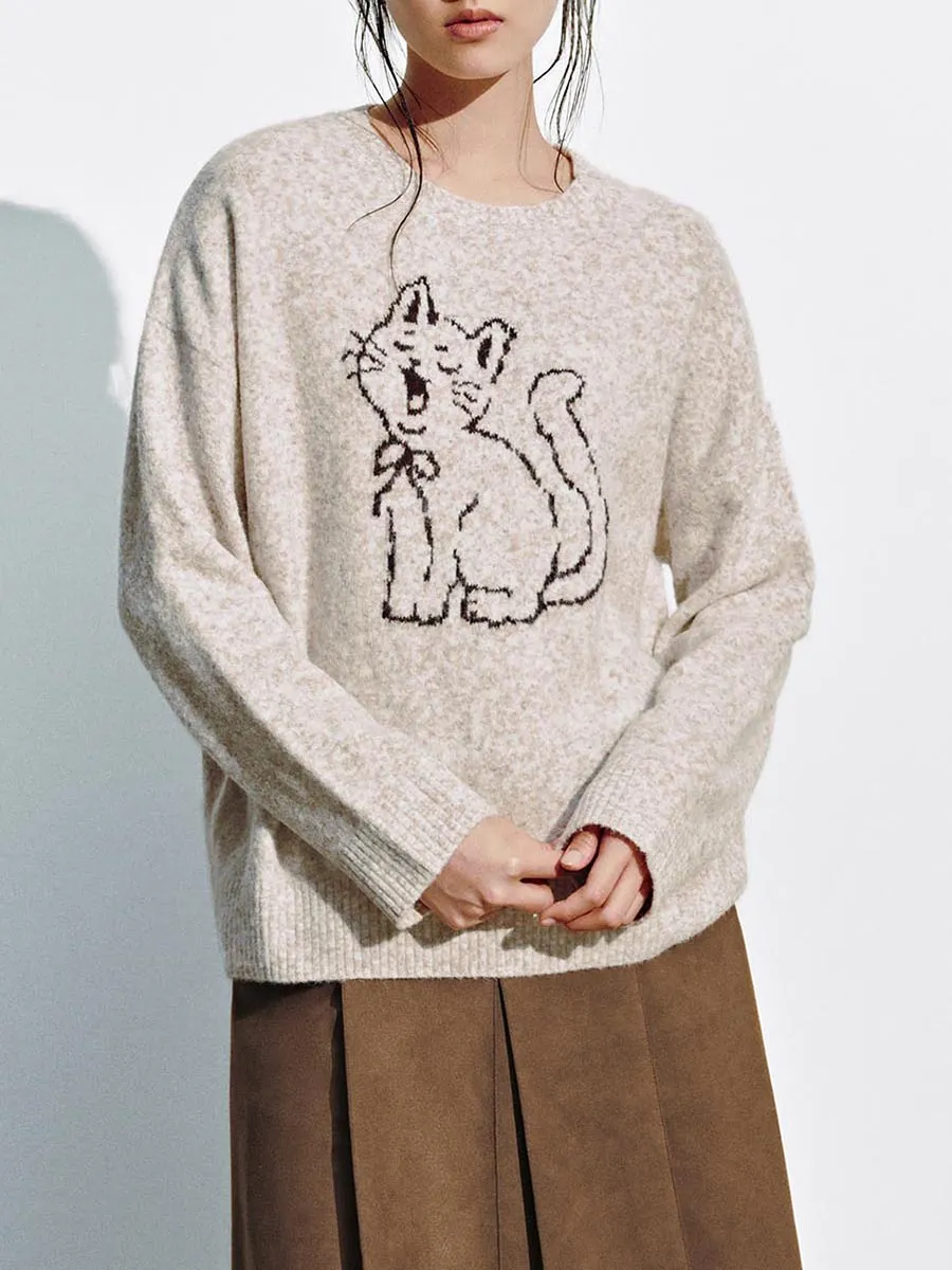 Lady's Cartoon Cat Embroidered Round-Neck Sweater