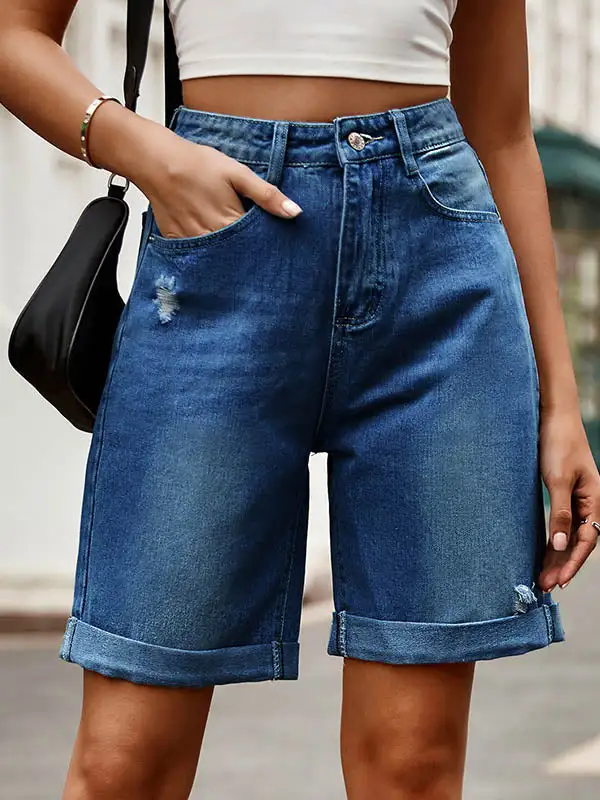 Hoog Getailleerde Losse Zakken Met Knopen Jeansbroeken Shorts