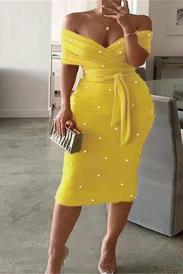 Women‘S Plus Size Pink Off The Shoulder Pearl Pleated Sash Belt Midi Dresses