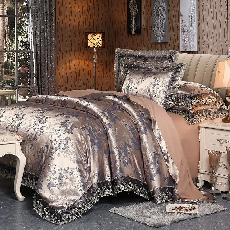 Silver Brown Luxury Satin Cotton Lace Duvet Cover Set