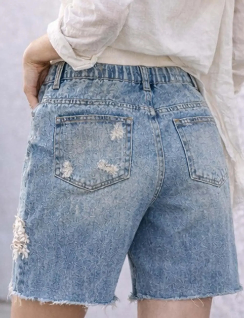 Dimensional Flower Lace Distressed Denim Shorts