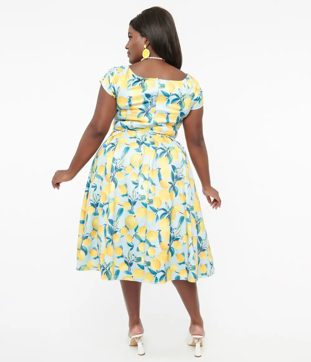 Dolly & Dotty 1950s Blue & Yellow Lemon Off The Shoulder Lily Swing Dress