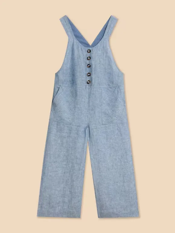 Crop Linen Dungaree In Chambray Blue