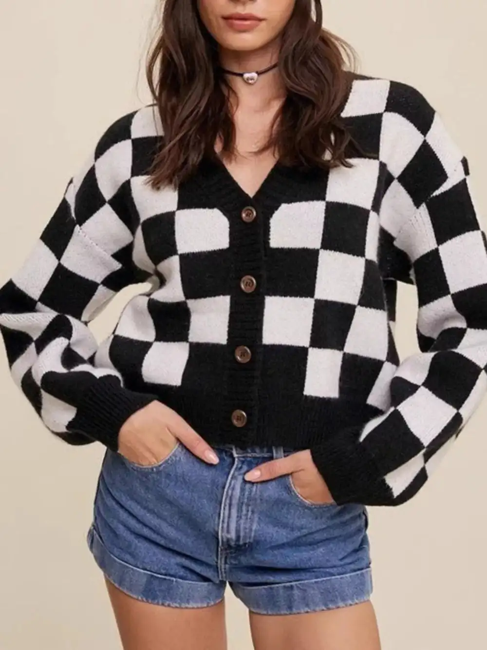 Checkerboard Pattern Button Down Cardigan