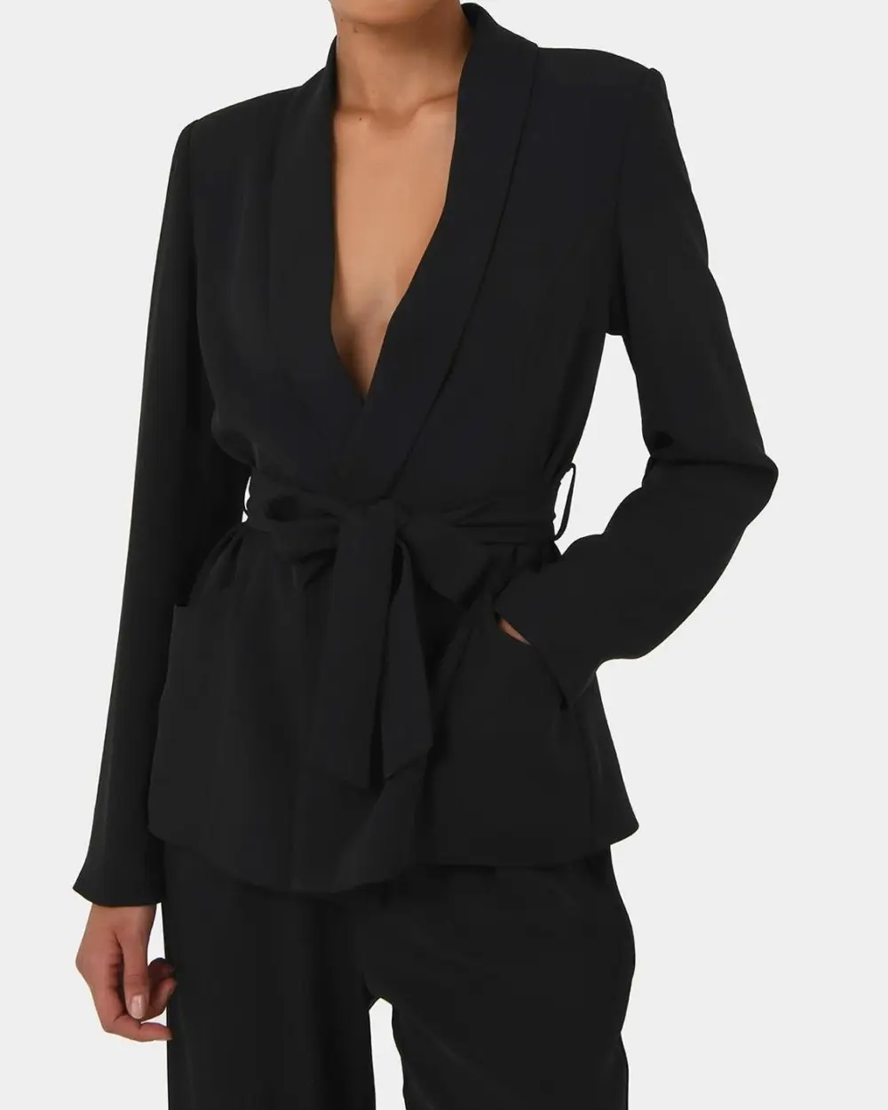 Shawl Lapel Collar Belted Blazer -Black