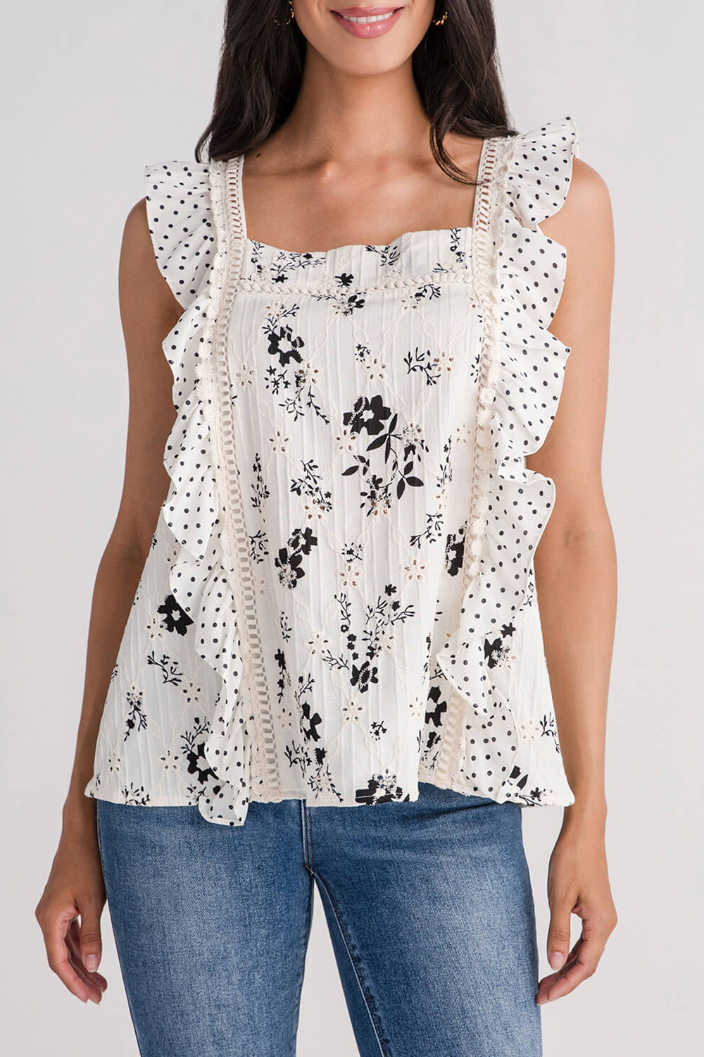 Davi & Dani Eyelet Embroidered Square Neck Ruffle Sleeve Top - ivory combo