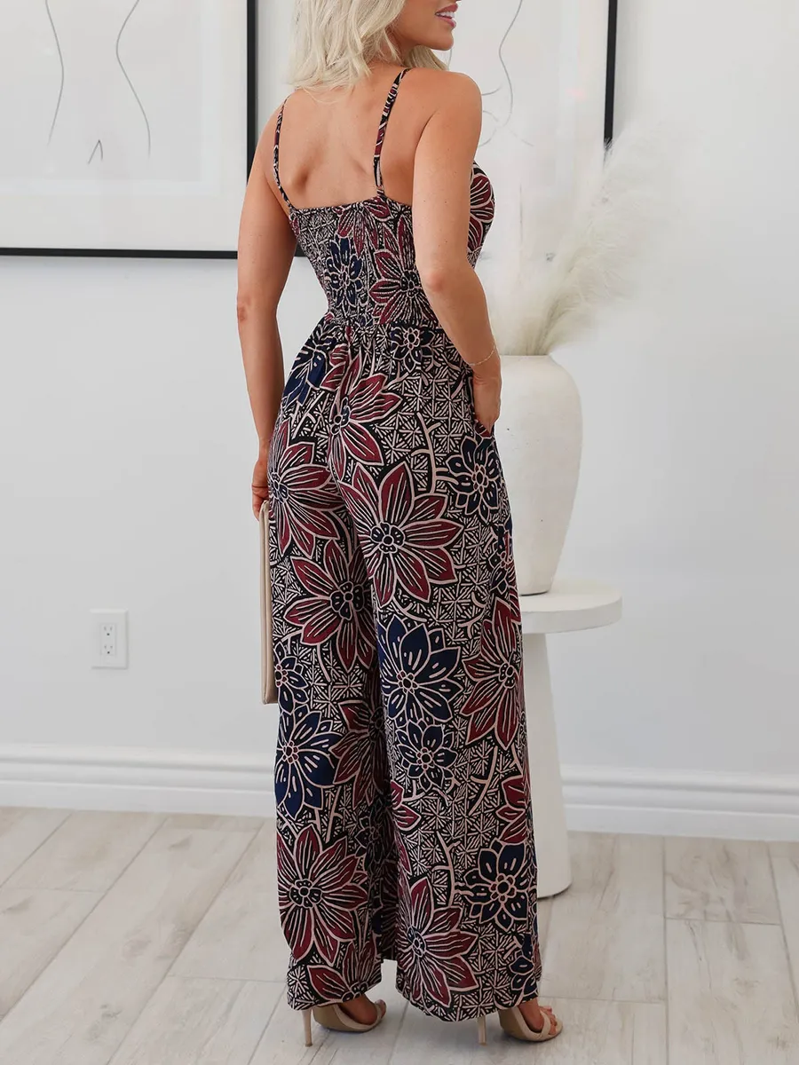 V-neck floral pleated wide leg jumpsuit