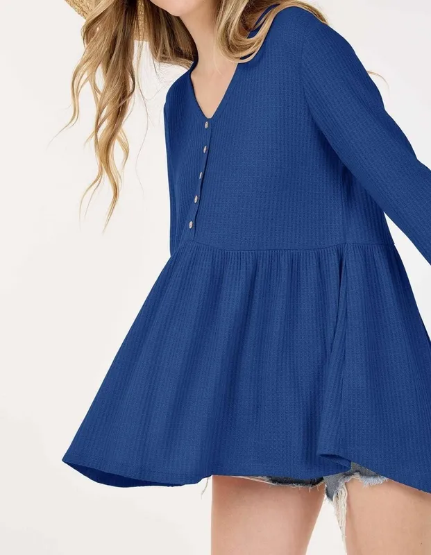 Navy Long Sleeve Tunic Top with Buttons