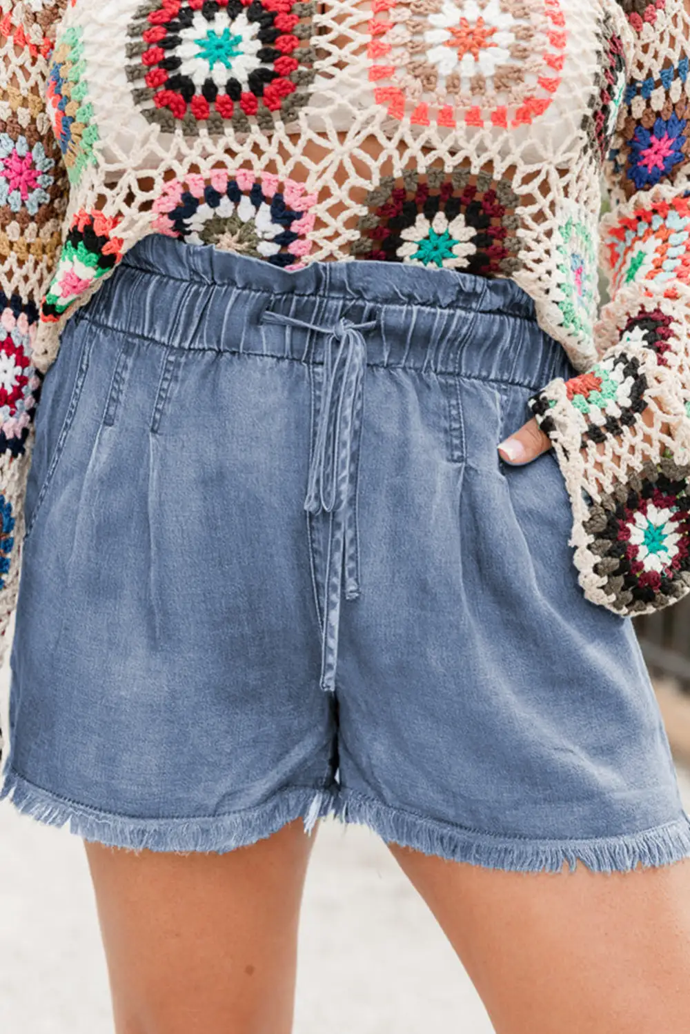 Raw Hem Lace Up High Waist Denim Shorts
