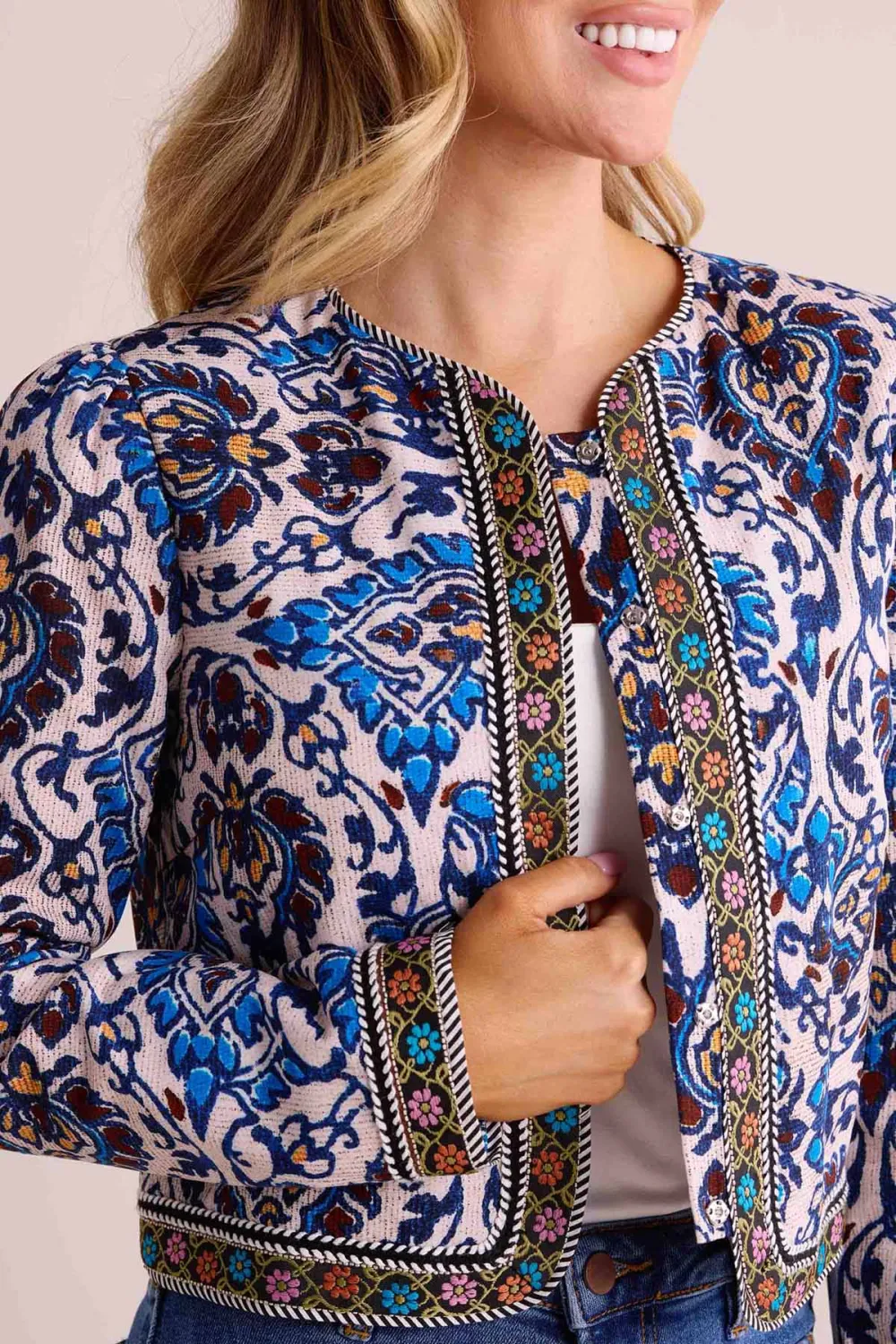 Multicolored Patterned Trim Cropped Jacket