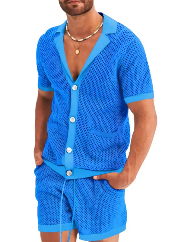 Knit Lapel Collar Short Sleeve Shorts