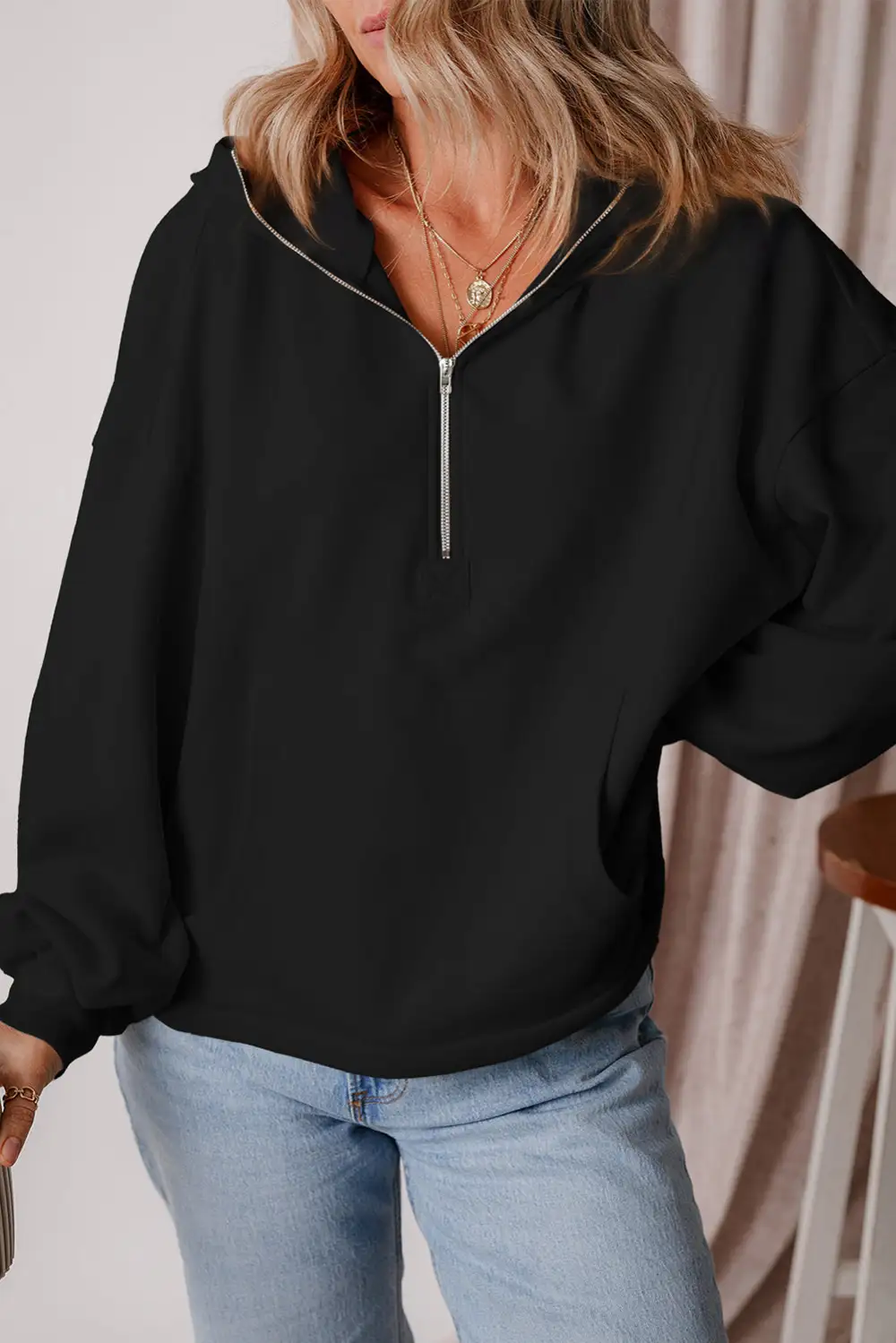 Everyday Relaxed Fleece Pocket Detail Zip Detail Hoodie